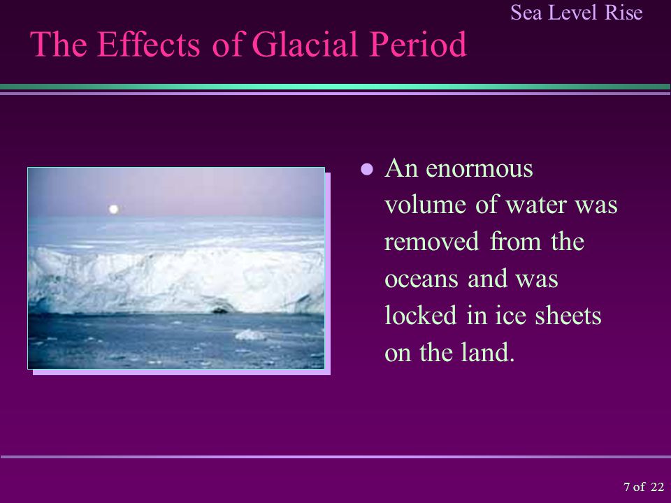 Sea Level Rise 6 of 22 Factors Affecting Sea Level Rise Postglacial rebound; Global warming effects:  Heat expansion of the ocean;  Melting of mountain glaciers;  Melting of Greenland and Antarctic ice sheets.