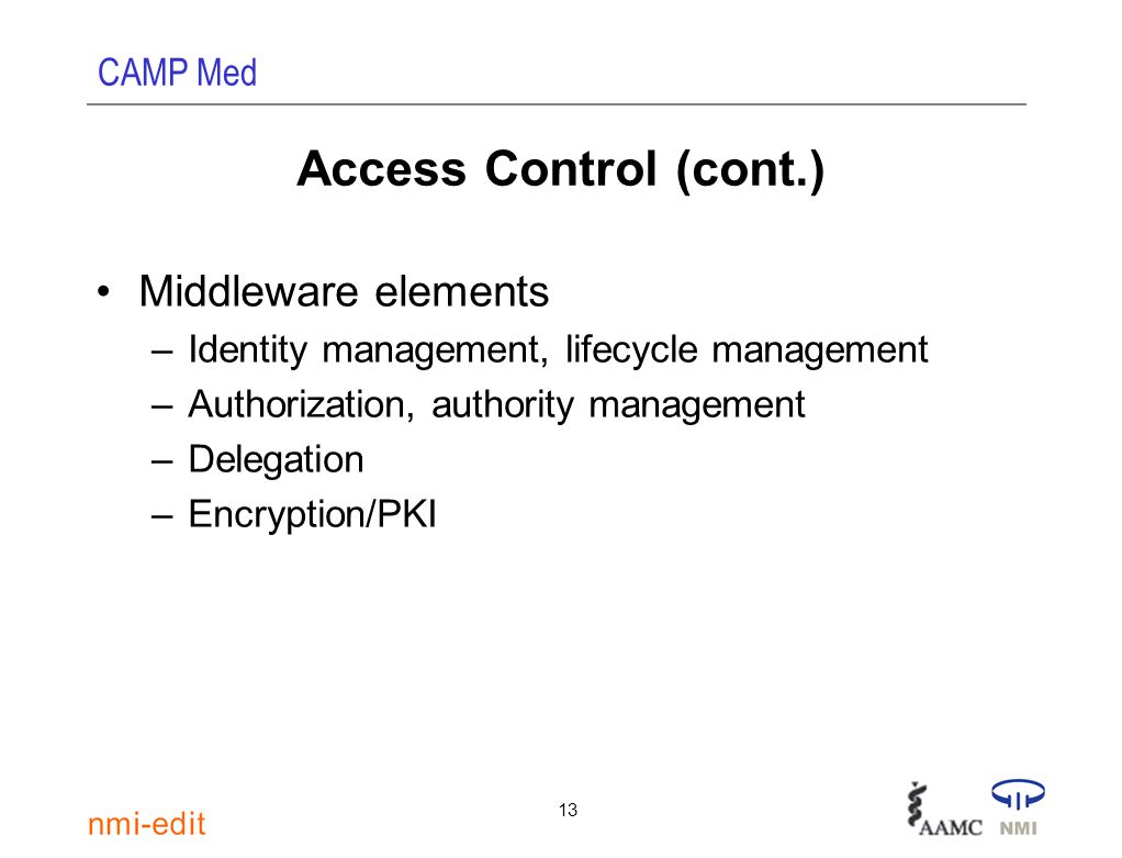 CAMP Med 13 Access Control (cont.) Middleware elements –Identity management, lifecycle management –Authorization, authority management –Delegation –Encryption/PKI