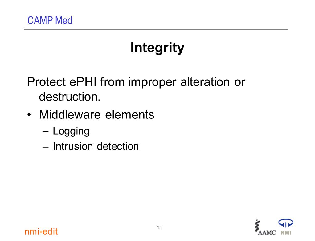 CAMP Med 15 Integrity Protect ePHI from improper alteration or destruction.