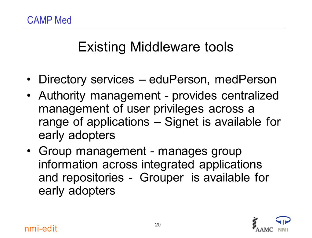 CAMP Med 20 Existing Middleware tools Directory services – eduPerson, medPerson Authority management - provides centralized management of user privileges across a range of applications – Signet is available for early adopters Group management - manages group information across integrated applications and repositories - Grouper is available for early adopters