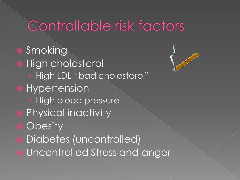  Smoking  High cholesterol › High LDL bad cholesterol  Hypertension › High blood pressure  Physical inactivity  Obesity  Diabetes (uncontrolled)  Uncontrolled Stress and anger
