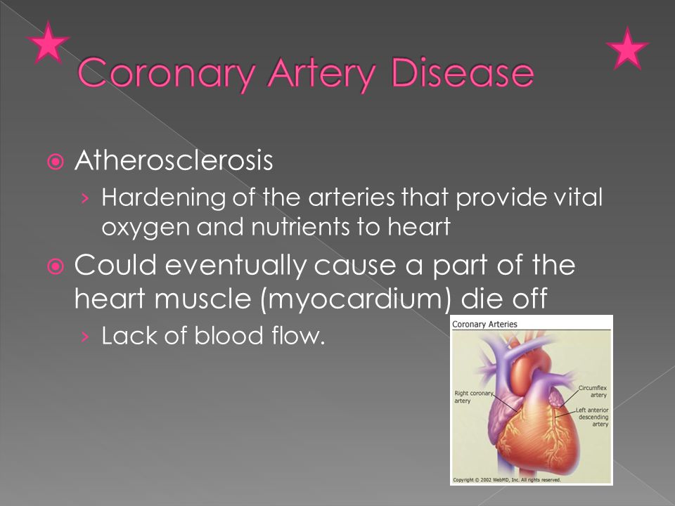  Atherosclerosis › Hardening of the arteries that provide vital oxygen and nutrients to heart  Could eventually cause a part of the heart muscle (myocardium) die off › Lack of blood flow.