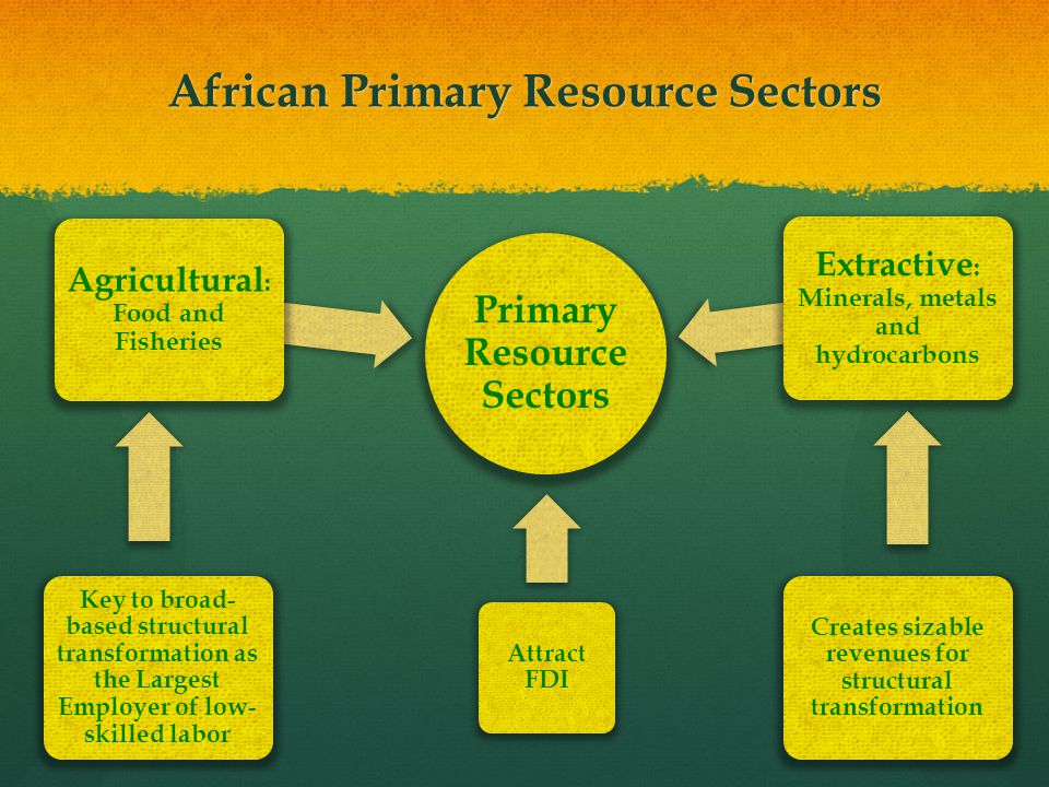 African Primary Resource Sectors Primary Resource Sectors Agricultural : Food and Fisheries Extractive : Minerals, metals and hydrocarbons Key to broad- based structural transformation as the Largest Employer of low- skilled labor Creates sizable revenues for structural transformation Attract FDI