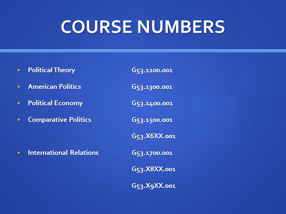 COURSE NUMBERS Political TheoryG Political TheoryG American PoliticsG American PoliticsG Political EconomyG Political EconomyG Comparative PoliticsG Comparative PoliticsG G53.X6XX.001 International RelationsG International RelationsG G53.X8XX.001G53.X9XX.001