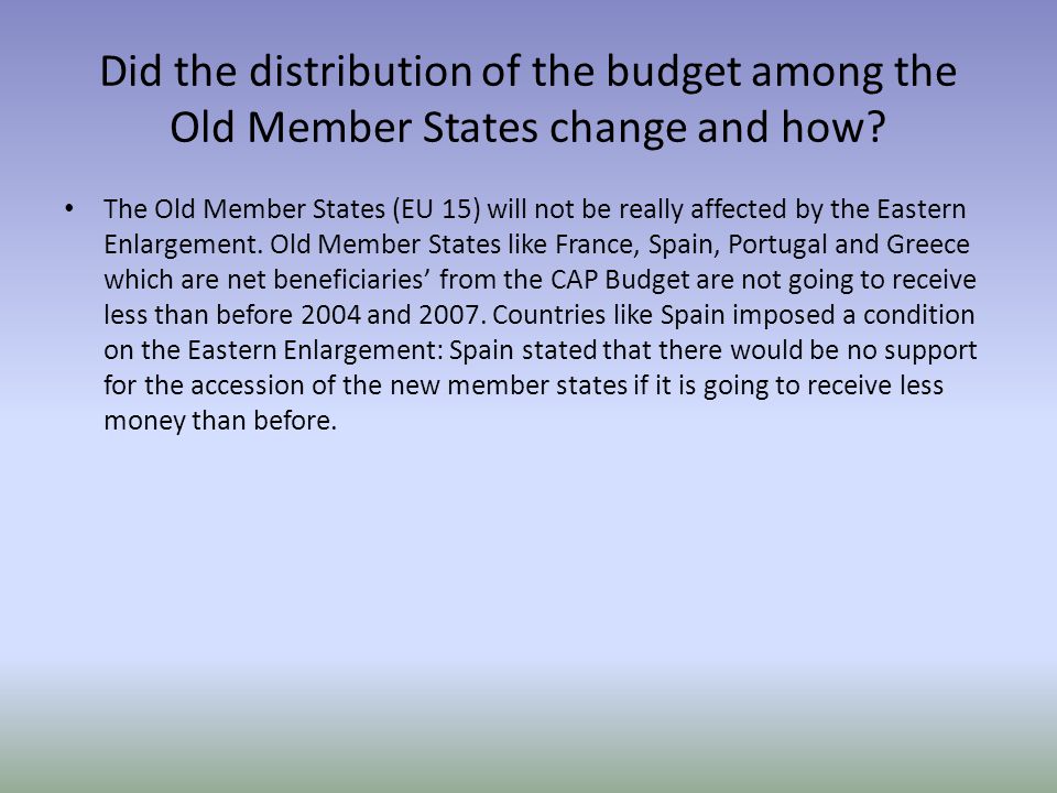 Did the distribution of the budget among the Old Member States change and how.