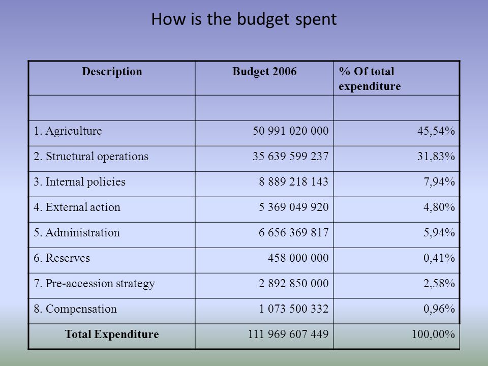 How is the budget spent Total expenditure DescriptionBudget 2006% Of total expenditure 1.