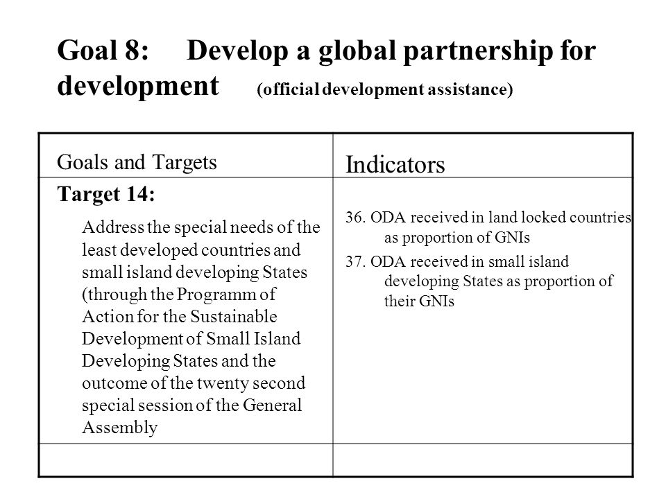 Goal 8: Develop a global partnership for development (official development assistance) Goals and Targets Target 13: Address the special needs of the least develop countries.