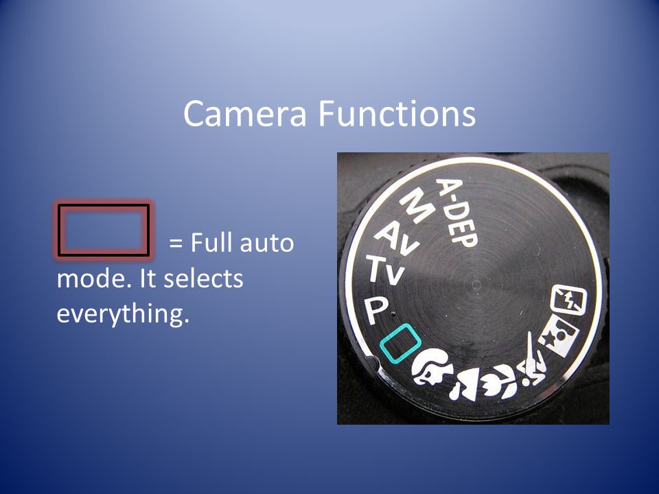 Camera Functions = Full auto mode. It selects everything.