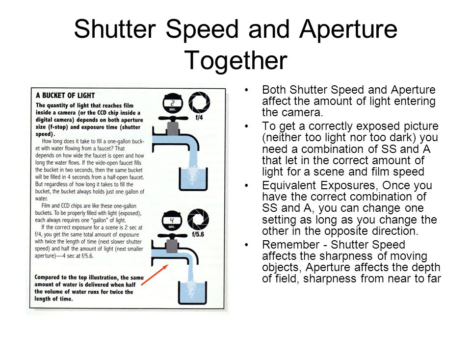 Shutter Speed and Aperture Together Both Shutter Speed and Aperture affect the amount of light entering the camera.