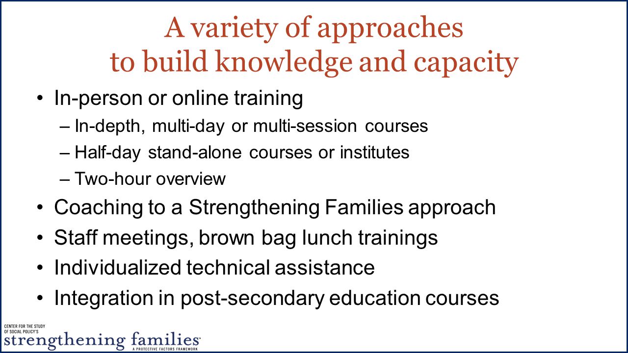 A variety of approaches to build knowledge and capacity In-person or online training –In-depth, multi-day or multi-session courses –Half-day stand-alone courses or institutes –Two-hour overview Coaching to a Strengthening Families approach Staff meetings, brown bag lunch trainings Individualized technical assistance Integration in post-secondary education courses