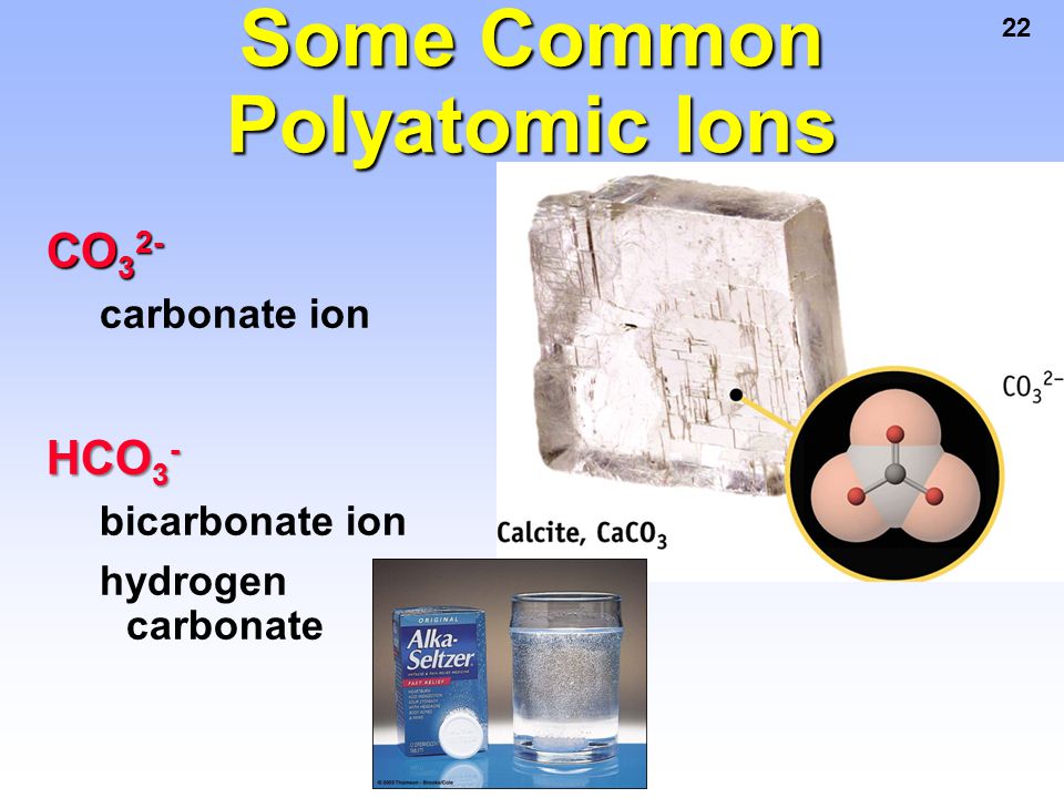 22 Some Common Polyatomic Ions CO 3 2- carbonate ion HCO 3 - bicarbonate ion hydrogen carbonate