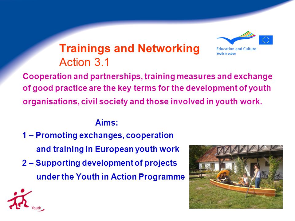 Trainings and Networking Action 3.1 Aims: 1 – Promoting exchanges, cooperation and training in European youth work 2 – Supporting development of projects under the Youth in Action Programme Cooperation and partnerships, training measures and exchange of good practice are the key terms for the development of youth organisations, civil society and those involved in youth work.