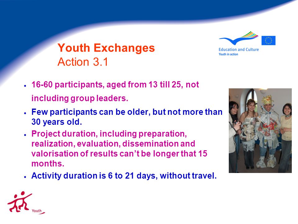 Youth Exchanges Action 3.1  participants, aged from 13 till 25, not including group leaders.