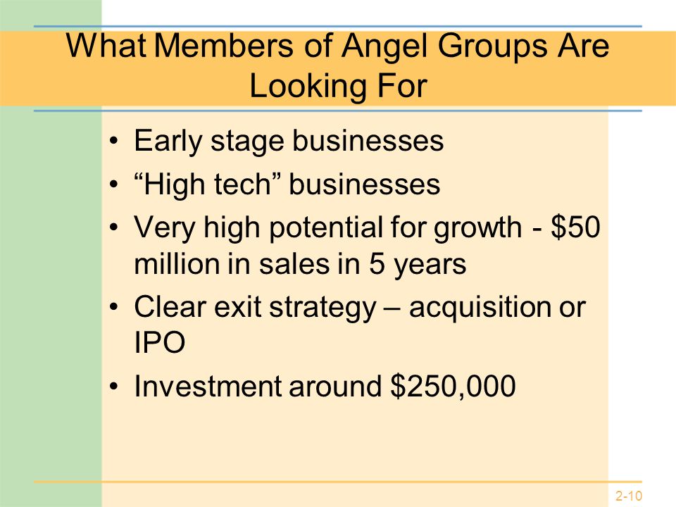 2-10 What Members of Angel Groups Are Looking For Early stage businesses High tech businesses Very high potential for growth - $50 million in sales in 5 years Clear exit strategy – acquisition or IPO Investment around $250,000