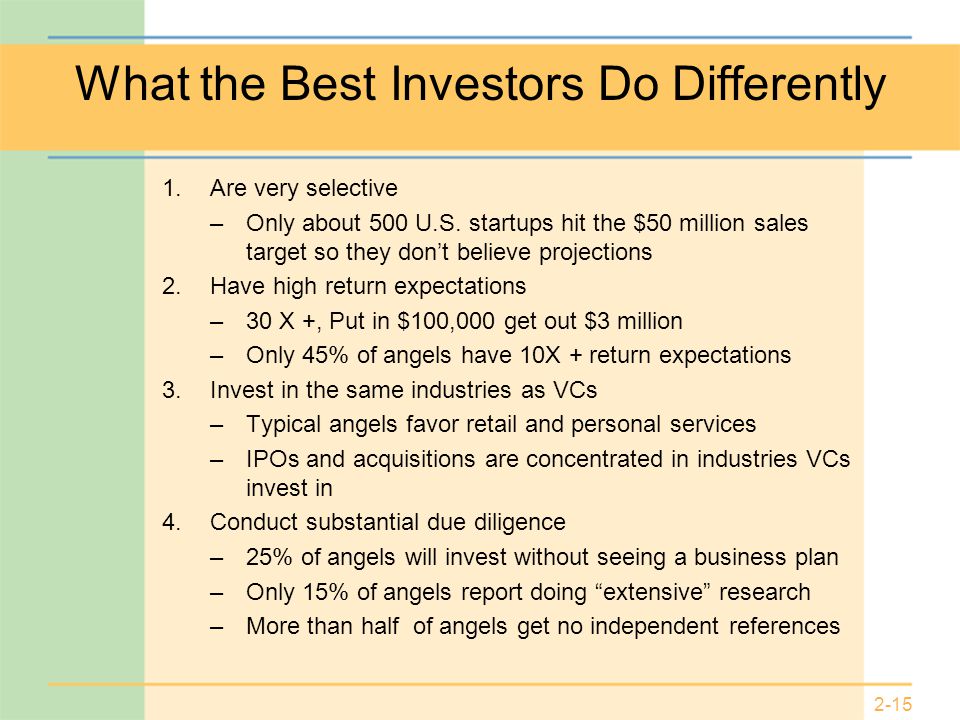 2-15 What the Best Investors Do Differently 1.Are very selective –Only about 500 U.S.
