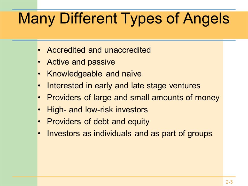 2-3 Many Different Types of Angels Accredited and unaccredited Active and passive Knowledgeable and naïve Interested in early and late stage ventures Providers of large and small amounts of money High- and low-risk investors Providers of debt and equity Investors as individuals and as part of groups