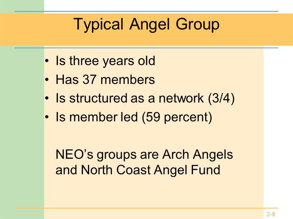 2-8 Typical Angel Group Is three years old Has 37 members Is structured as a network (3/4) Is member led (59 percent) NEO’s groups are Arch Angels and North Coast Angel Fund
