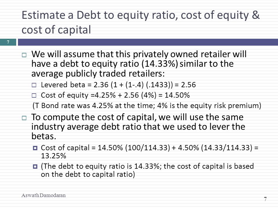 7 Estimate a Debt to equity ratio, cost of equity & cost of capital  We will assume that this privately owned retailer will have a debt to equity ratio (14.33%) similar to the average publicly traded retailers:  Levered beta = 2.36 (1 + (1-.4) (.1433)) = 2.56  Cost of equity =4.25% (4%) = 14.50% (T Bond rate was 4.25% at the time; 4% is the equity risk premium)  To compute the cost of capital, we will use the same industry average debt ratio that we used to lever the betas.