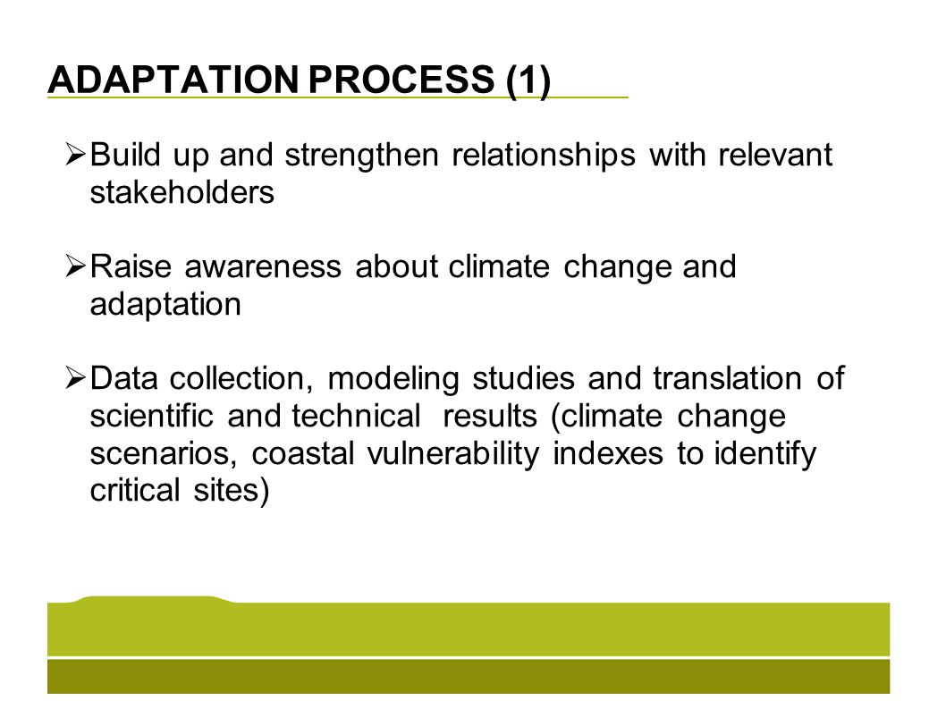 ADAPTATION PROCESS (1)  Build up and strengthen relationships with relevant stakeholders  Raise awareness about climate change and adaptation  Data collection, modeling studies and translation of scientific and technical results (climate change scenarios, coastal vulnerability indexes to identify critical sites)