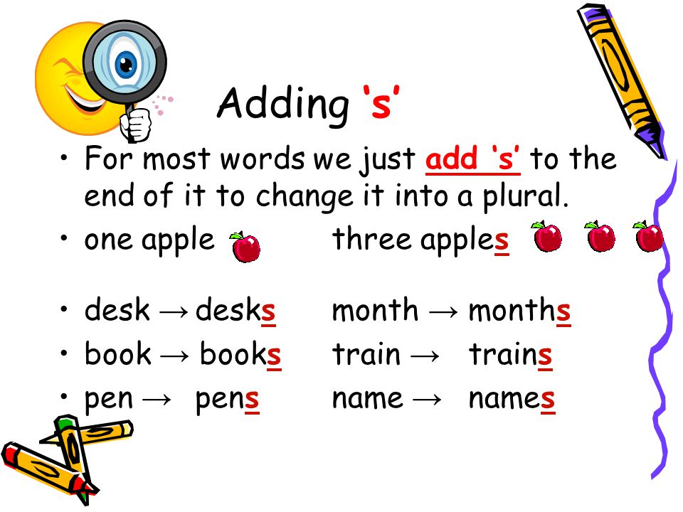 Adding ‘s’ For most words we just add ‘s’ to the end of it to change it into a plural.