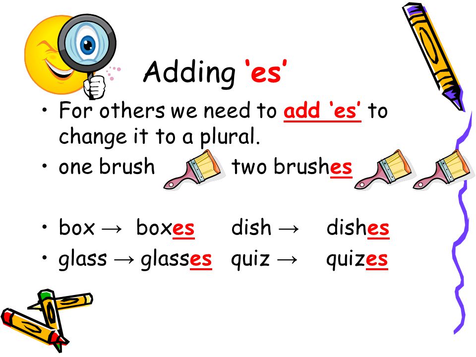 Adding ‘es’ For others we need to add ‘es’ to change it to a plural.