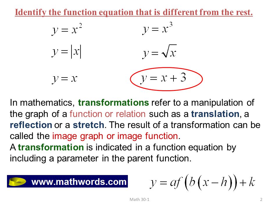 Identify the function equation that is different from the rest.