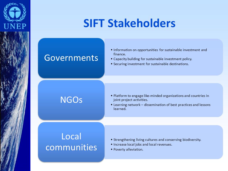 SIFT Stakeholders Information on opportunities for sustainable investment and finance.