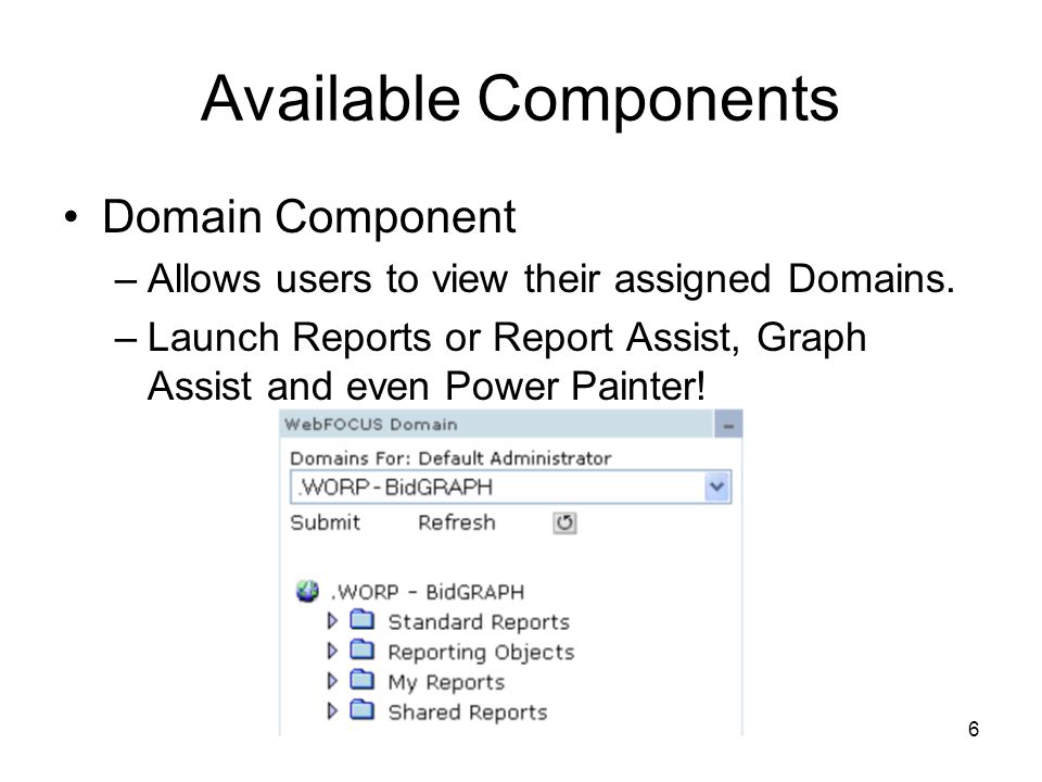 6 Available Components Domain Component –Allows users to view their assigned Domains.