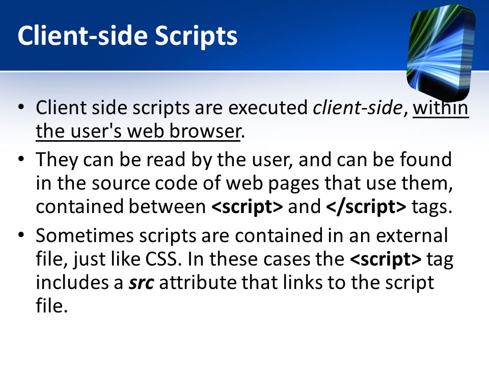 Client-side Scripts Client side scripts are executed client-side, within the user s web browser.