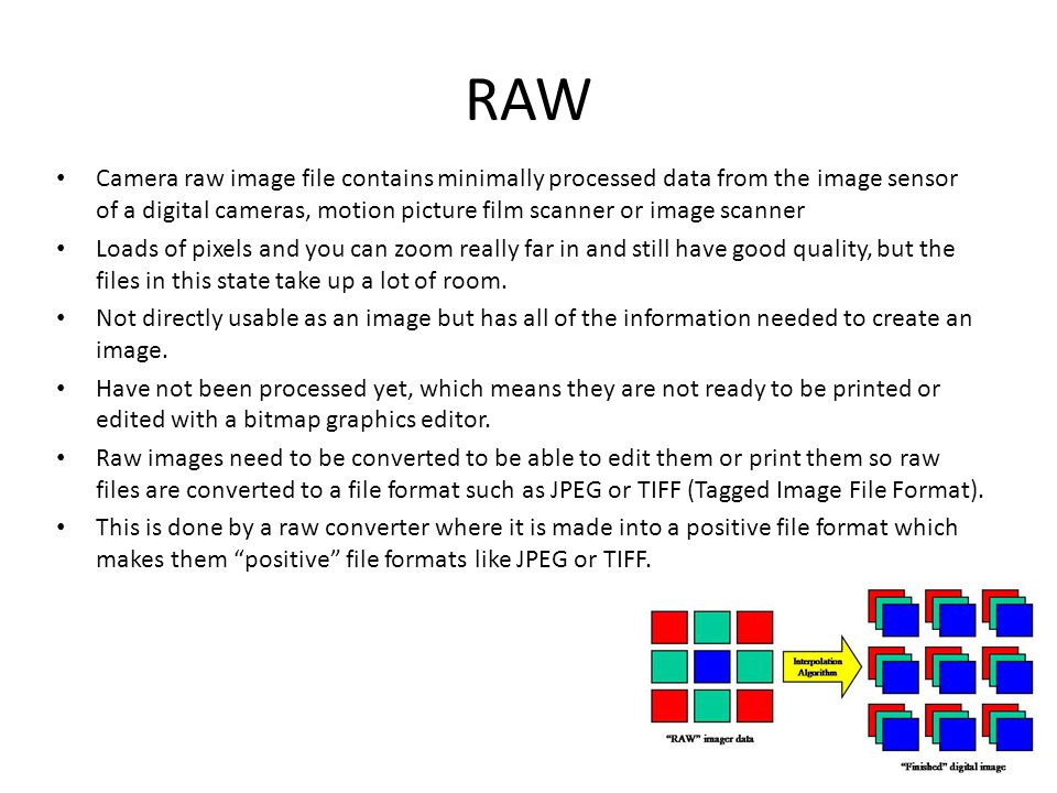RAW Camera raw image file contains minimally processed data from the image sensor of a digital cameras, motion picture film scanner or image scanner Loads of pixels and you can zoom really far in and still have good quality, but the files in this state take up a lot of room.