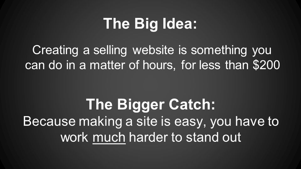 The Big Idea: Creating a selling website is something you can do in a matter of hours, for less than $200 The Bigger Catch: Because making a site is easy, you have to work much harder to stand out