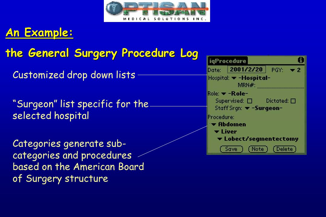 Customized drop down lists Surgeon list specific for the selected hospital Categories generate sub- categories and procedures based on the American Board of Surgery structure An Example: the General Surgery Procedure Log