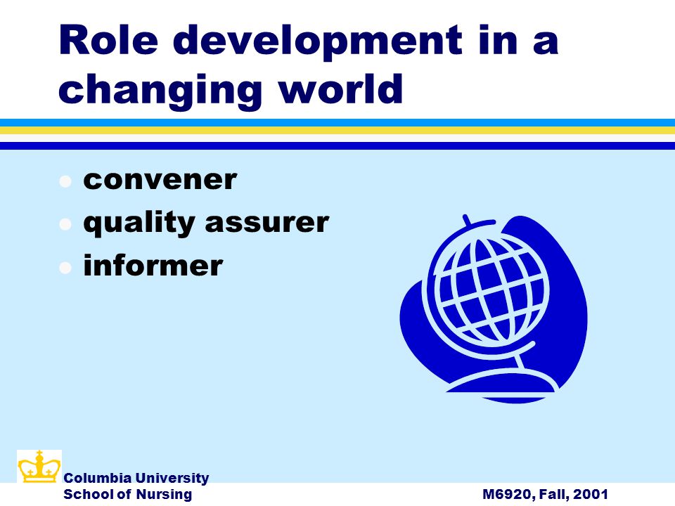 Columbia University School of NursingM6920, Fall, 2001 Role development in a changing world l convener l quality assurer l informer