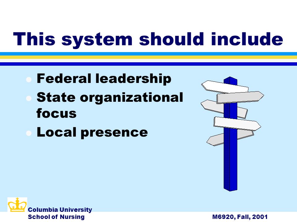 Columbia University School of NursingM6920, Fall, 2001 This system should include l Federal leadership l State organizational focus l Local presence