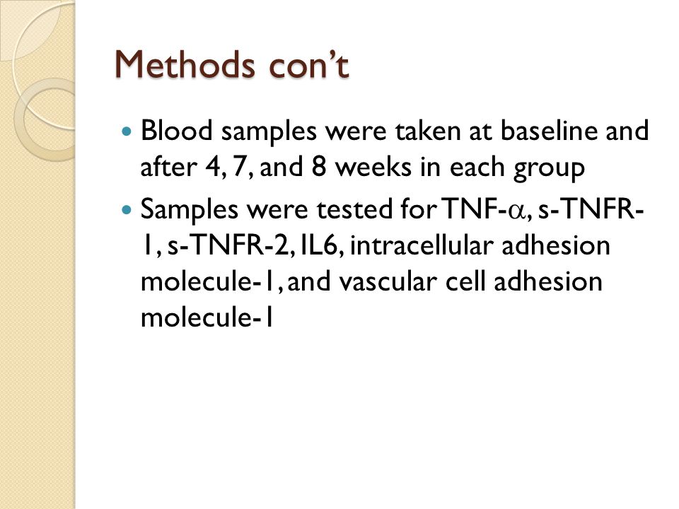 Methods con’t Blood samples were taken at baseline and after 4, 7, and 8 weeks in each group Samples were tested for TNF- , s-TNFR- 1, s-TNFR-2, IL6, intracellular adhesion molecule-1, and vascular cell adhesion molecule-1