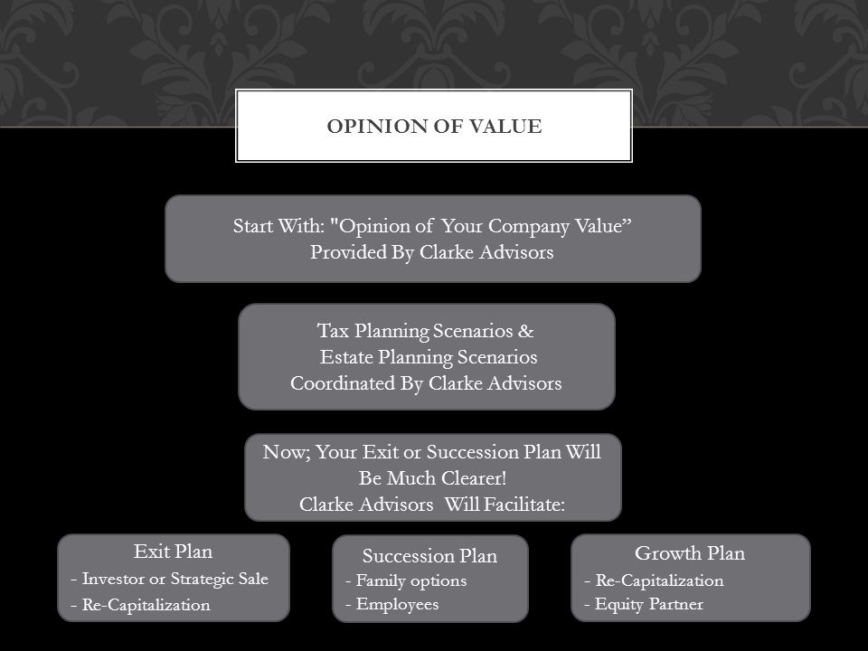 Your Options: Start With: Opinion of Your Company Value Provided By Clarke Advisors Now; Your Exit or Succession Plan Will Be Much Clearer.