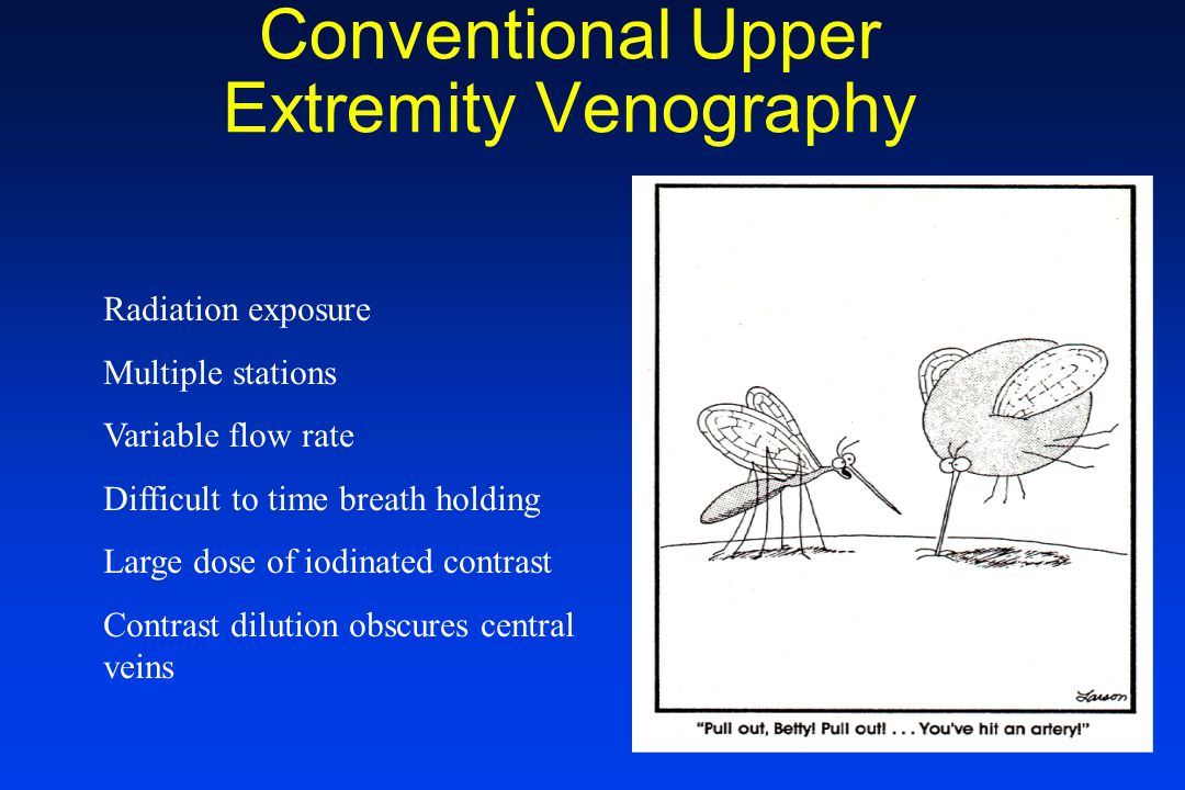 Conventional Upper Extremity Venography Radiation exposure Multiple stations Variable flow rate Difficult to time breath holding Large dose of iodinated contrast Contrast dilution obscures central veins
