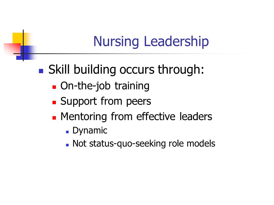 Nursing Leadership Skill building occurs through: On-the-job training Support from peers Mentoring from effective leaders Dynamic Not status-quo-seeking role models