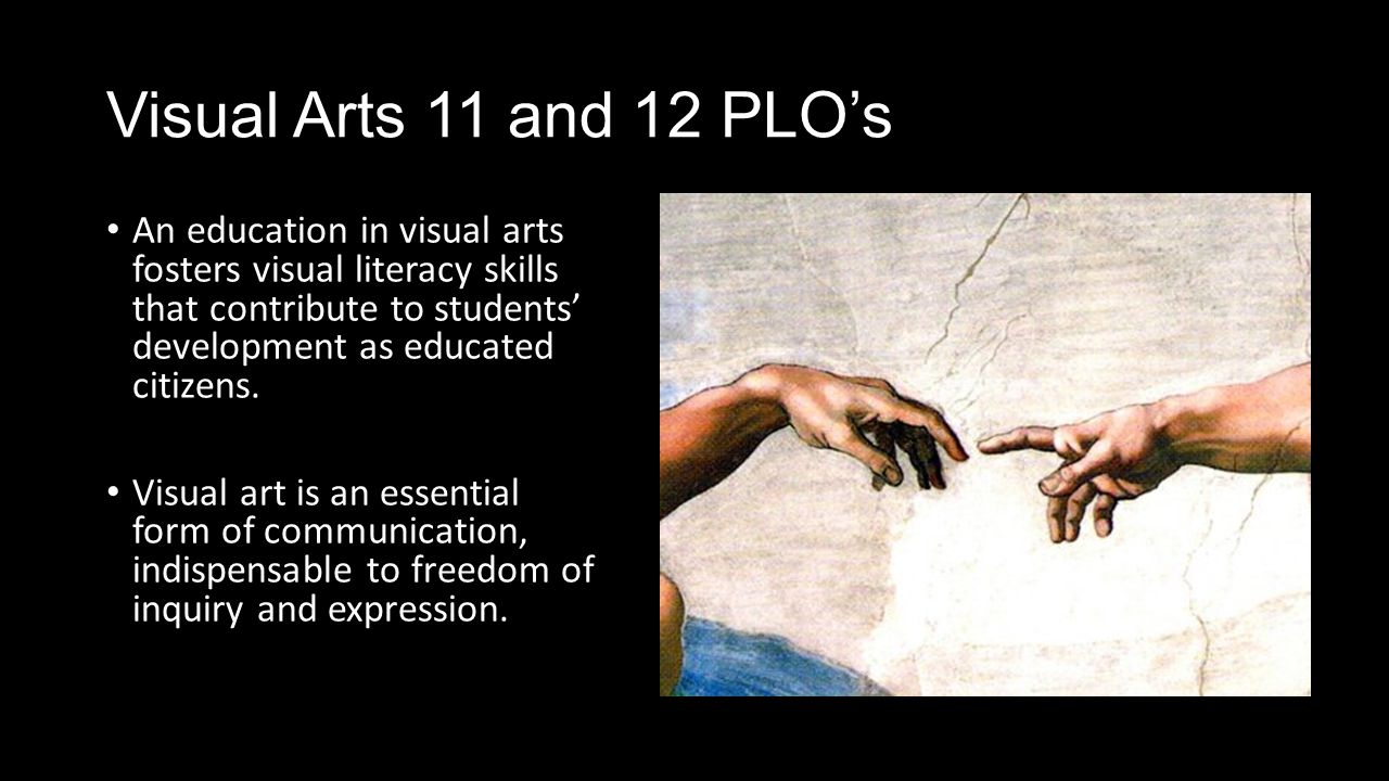 Visual Arts 11 and 12 PLO’s An education in visual arts fosters visual literacy skills that contribute to students’ development as educated citizens.