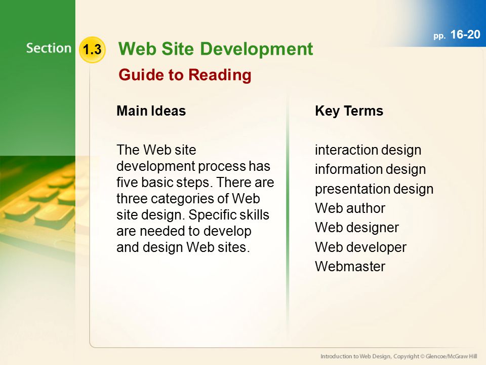 1.3 Web Site Development Guide to Reading Main Ideas The Web site development process has five basic steps.