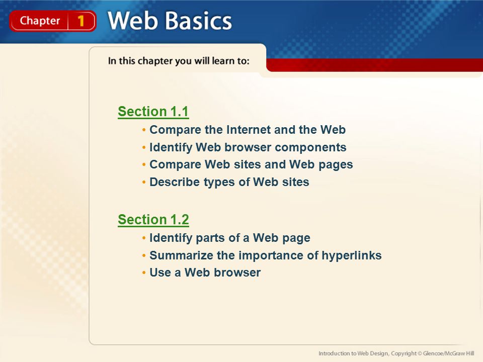 Section 1.1 Compare the Internet and the Web Identify Web browser components Compare Web sites and Web pages Describe types of Web sites Section 1.2 Identify parts of a Web page Summarize the importance of hyperlinks Use a Web browser