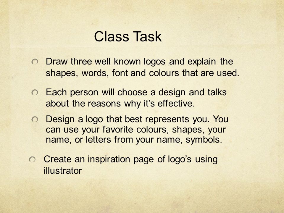 Draw three well known logos and explain the shapes, words, font and colours that are used.