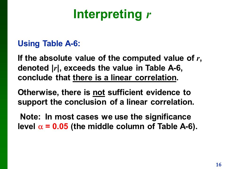 16 Interpreting r Using Table A-6: If the absolute value of the computed value of r, denoted | r |, exceeds the value in Table A-6, conclude that there is a linear correlation.