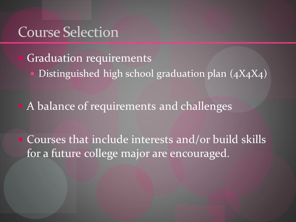 Course Selection Graduation requirements Distinguished high school graduation plan (4X4X4) A balance of requirements and challenges Courses that include interests and/or build skills for a future college major are encouraged.