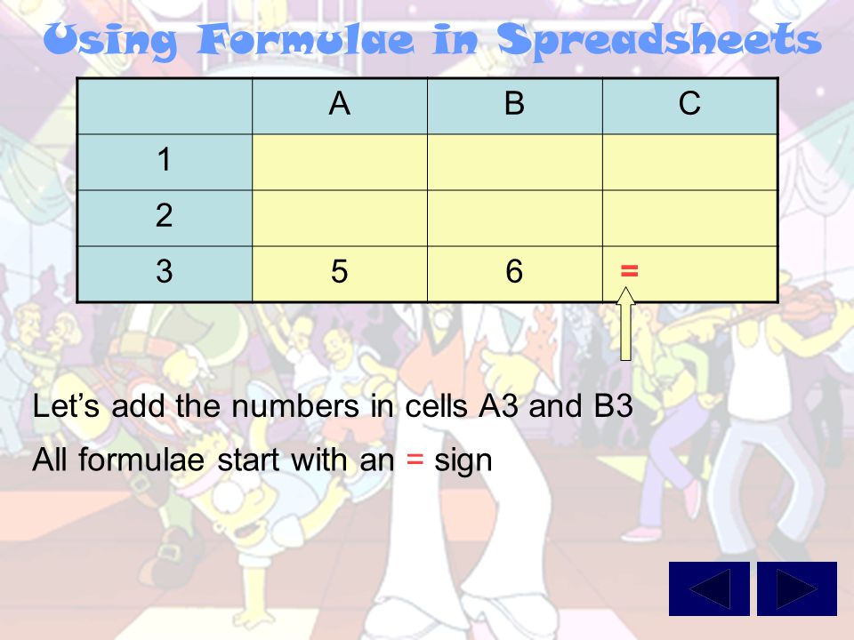 Using Formulae in Spreadsheets ABC Let’s add the numbers in cells A3 and B3