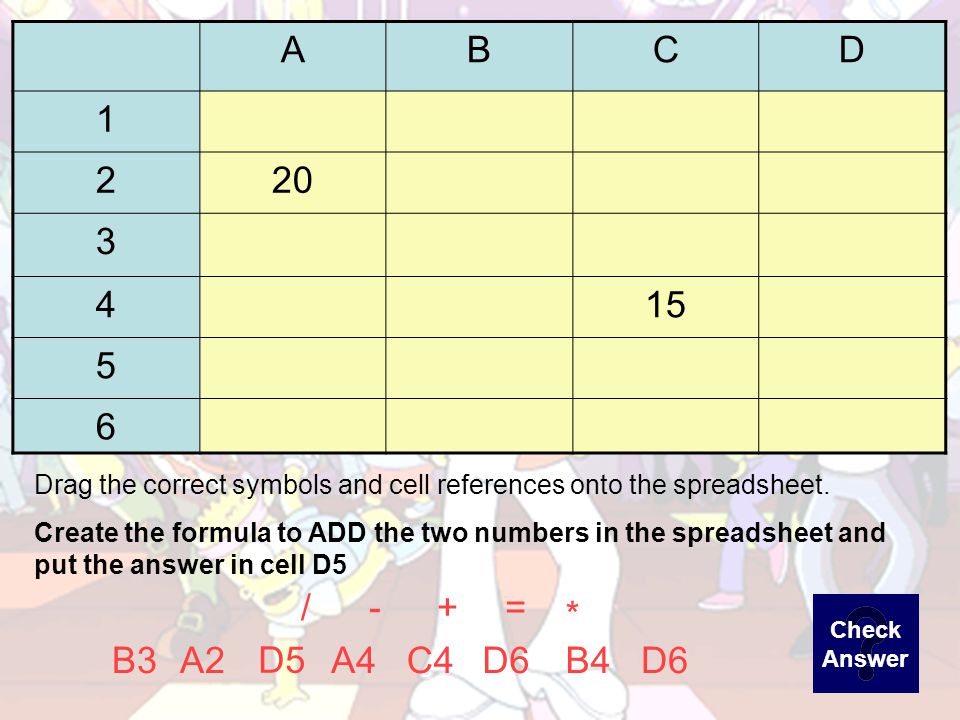 ABCD =A4+B4 5 6 =+ B5B3 C4A4D6B4A1 Drag the correct symbols and cell references onto the spreadsheet.