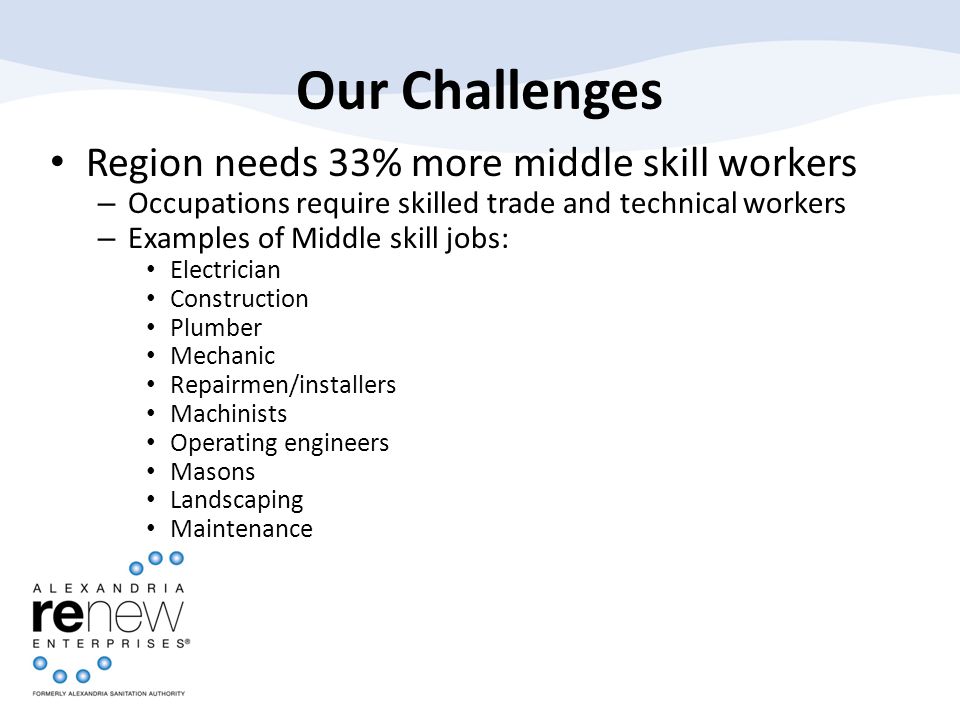 Our Challenges Region needs 33% more middle skill workers – Occupations require skilled trade and technical workers – Examples of Middle skill jobs: Electrician Construction Plumber Mechanic Repairmen/installers Machinists Operating engineers Masons Landscaping Maintenance