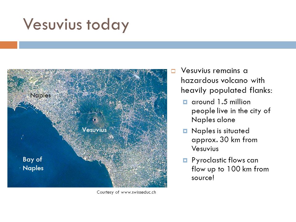 Vesuvius today  Vesuvius remains a hazardous volcano with heavily populated flanks:  around 1.5 million people live in the city of Naples alone  Naples is situated approx.