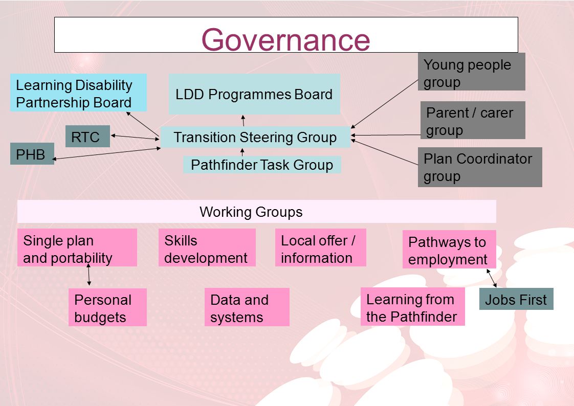 Governance LDD Programmes Board Pathfinder Task Group Young people group Single plan and portability Personal budgets Skills development Data and systems Local offer / information Learning from the Pathfinder Pathways to employment Learning Disability Partnership Board Parent / carer group Plan Coordinator group RTC PHB Jobs First Transition Steering Group Working Groups