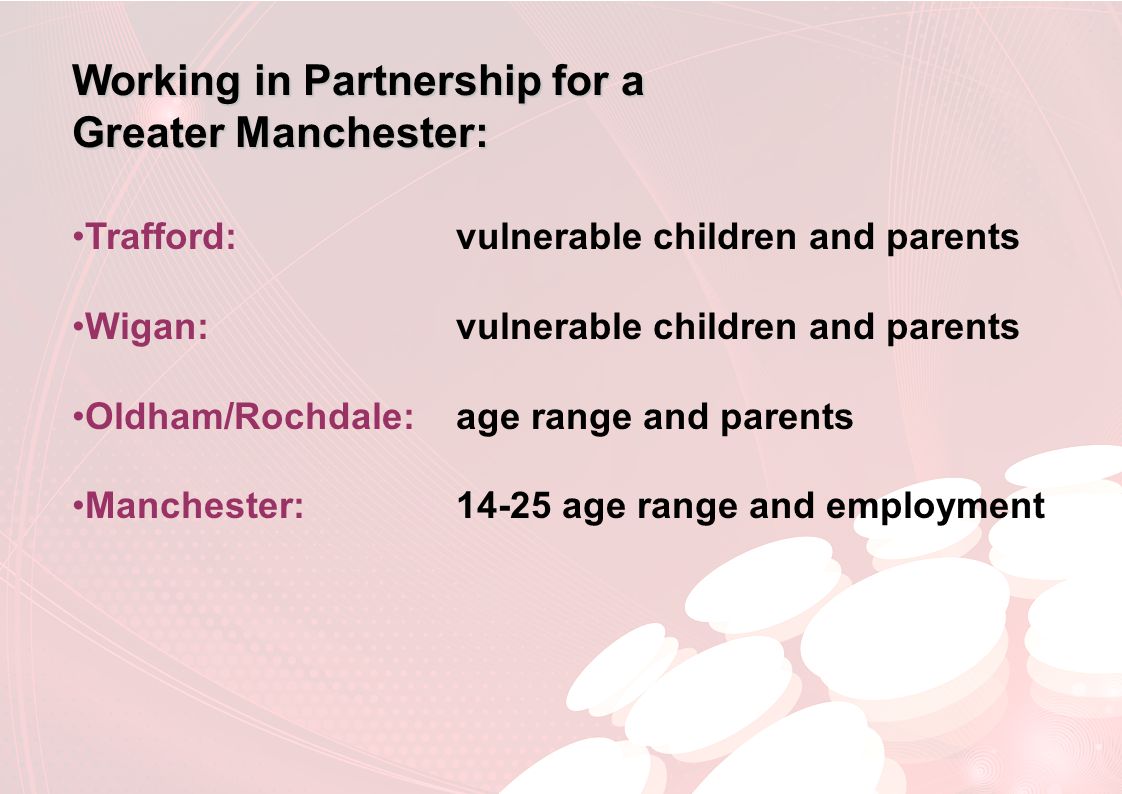 Working in Partnership for a Greater Manchester: Trafford:vulnerable children and parents Wigan:vulnerable children and parents Oldham/Rochdale:age range and parents Manchester:14-25 age range and employment